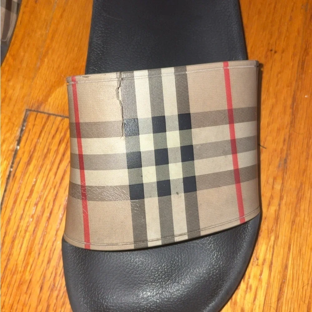 Burberry Black and Tan Plaid Slides